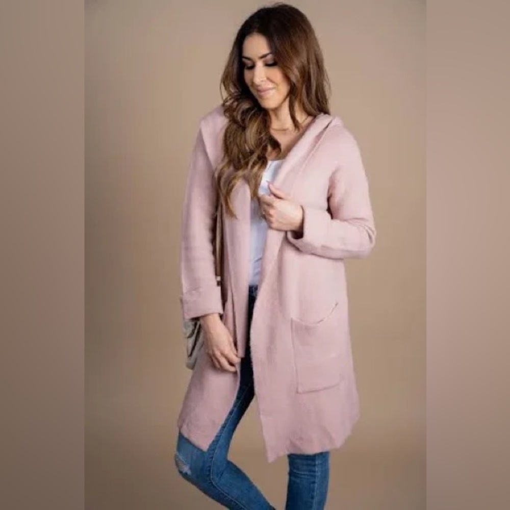 Hooded Cardigan Duster Textured Knit Sweater Soft Rose Blush Pink Size 2XL - Picture 5 of 16
